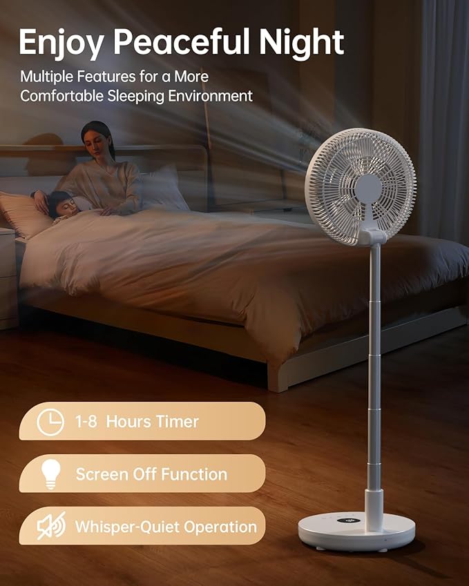 TriPole Oscillating Fan Portable Quiet Standing Fan with Remote, 12" Rechargeable Pedestal Fans for Bedroom Office, Foldable Battery Powered Travel Fans, Adjustable Height, 8H Timer, 6 Speeds, 44.4Wh
