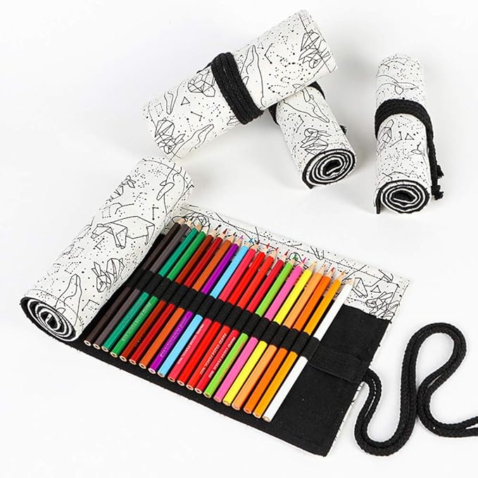 Funny live 24/36/48/72 Slots Colored Pencil Wrap Roll up Pen Holder Case Drawing Coloring Pencil Roll Organizer Stationery Case for Student Artist Traveler (Abstract Lines, 24 Slots)