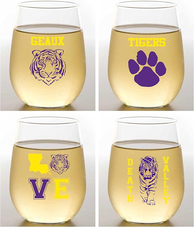 Wine-Oh Set of 4 Shatterproof Designer 16 oz Plastic Wine Glasses MADE in the USA (LSU TIGERS)