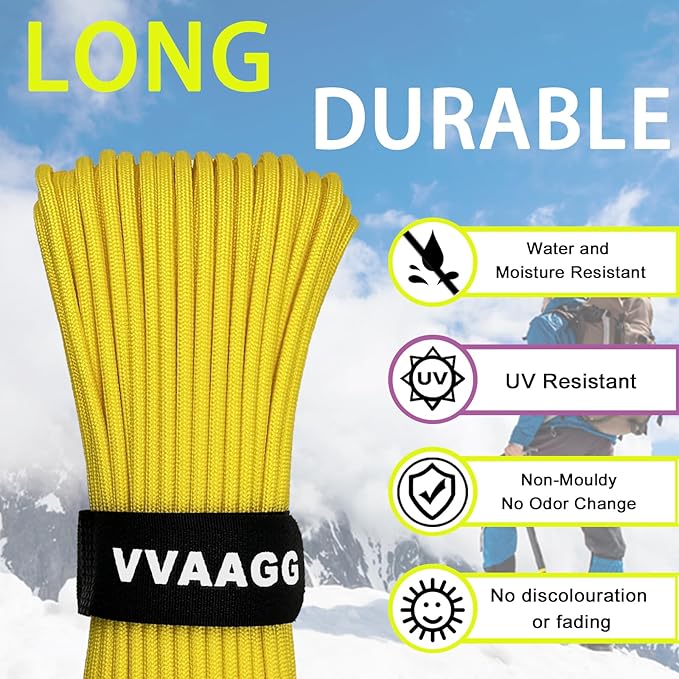 VVAAGG 1000 Paracord Rope, 50ft 12 Strand Parachute Cord for Crafting, DIY Projects, Survival Bracelets, Camping, Tent, Clothsline, Outdoor Hiking, Fishing (Yellow, 50FT)