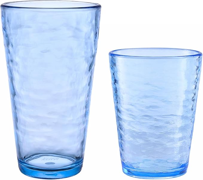KLIFA- RIPPLE- 16 & 22.5 ounce, Set of 8, Acrylic Tumbler & Highball Drinking Glasses Cups, BPA-Free, Stackable Plastic Drinkware, Dishwasher Safe, Ocean Blue