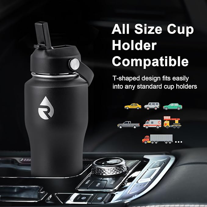RAYMYLO 18 oz Insulated Water Bottle with Straw fit in Car Cup Holder, Triple Wall Vacuum Stainless Steel(Cold 48 hrs, Hot 24 hrs), Leakproof & Non-BPA, Hydro Travel Flask with Straw and Spout Lid