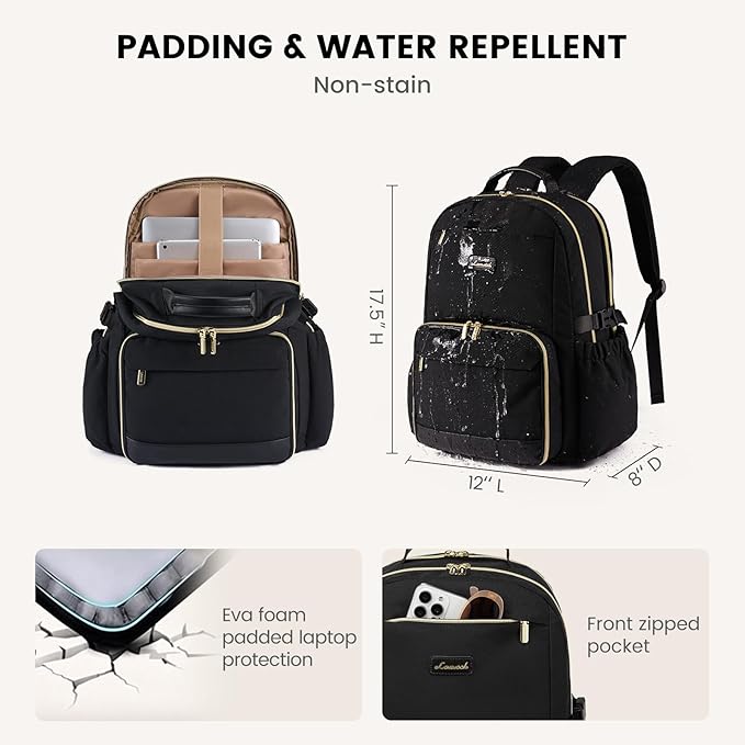 LOVEVOOK Lunch Backpack with Lunch Compartment,15.6 Inch Laptop Work Travel Insulated Cooler Backpack Purse,Waterproof College Teacher Nurse Lunch Bag Box with Tumbler Holder,Gifts for Men Women,Black