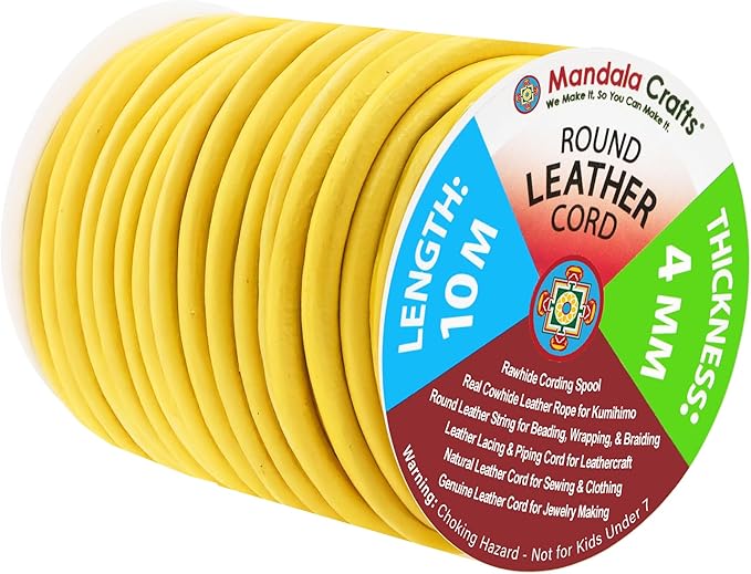 Mandala Crafts Round Genuine Yellow Leather Cord for Jewelry Making – 4mm Cowhide Leather Rope String Lace for Kumihimo – 11 Yards Cowhide Craft Cording Spool