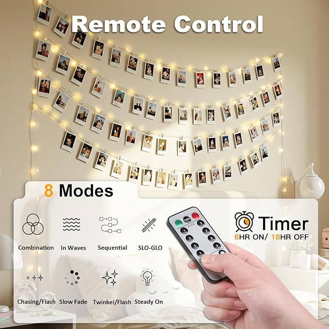 suddus 16ft 50 LED Fairy Lights with Clips for Pictures, Photo Lights with Remote USB Powered & Battery Operated with 22 Clear Clips, String Lights for Party, Bedroom, Decoration, Warm White
