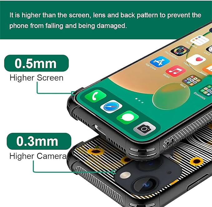 for iPhone 13 Mini Case, Cute Little Elephant Sunflower White Line Art Pattern Made of Soft Silicone Hard Acrylic Shock Protection for iPhone 13 Mini