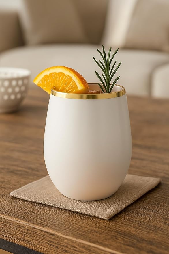 Oojami 40 count Unbreakable Stemless Plastic Wine Champagne Whiskey Glasses Elegant Durable Disposable Indoor Outdoor Ideal for Home, Office, Bars, Wedding, 12 Ounce Cups Gold Rim (White Matte Gold)