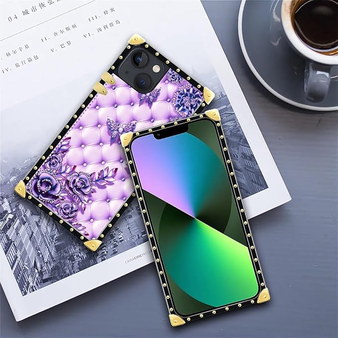 Compatible with iPhone 13 Case, Purple Butterfly Flowers Leaf Luxury Golden Decoration for Girl Women Soft TPU Shockproof Protective Hard PC Back for iPhone 13