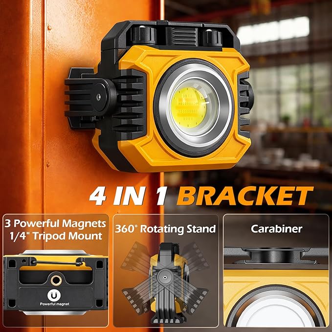 Samyoung 2-Pack 2400LM Magnetic Rechargeable Work Light, Dual-Sided LED Work Light, Up to 80 Hours Runtime, Stepless Dimming 2700K-8000K, Magnetic Flashlight with 360° Rotating Stand, Hook, Yellow