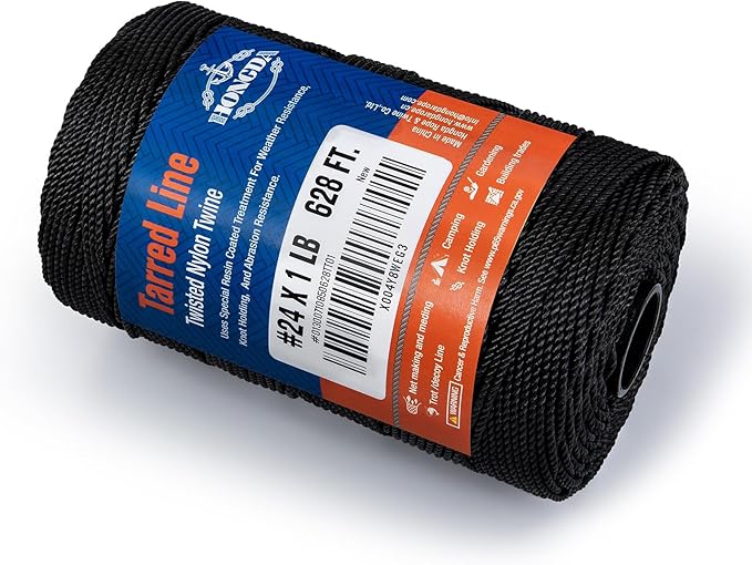 HONGDA Tarred Bank Line Twine, 628 Feet Nylon Twine #24 Bank Line-Black Nylon String, Black Strong Twisted Seine Rope Ideal for Gardening, Construction, Gear Tying, Jungle Survival