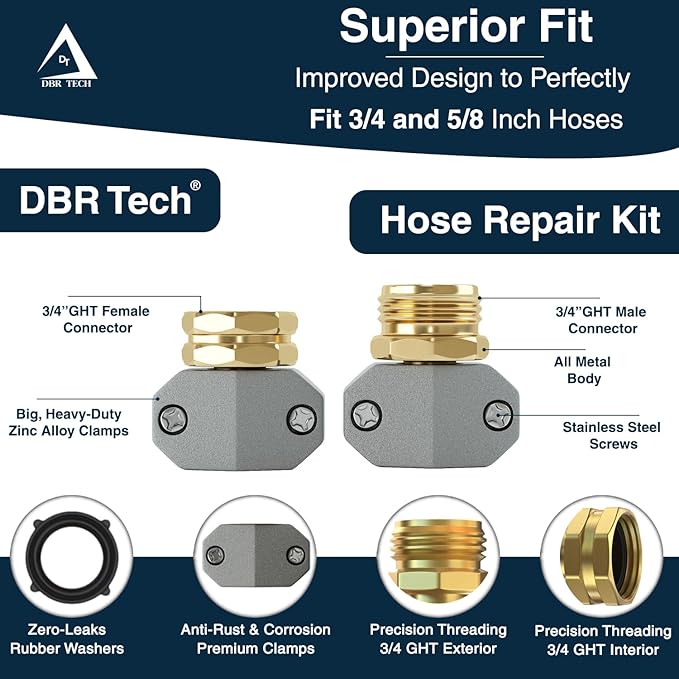 DBR Tech® Hose Repair Kit – Fix Leaks on 3/4 & 5/8 inch Garden Hoses