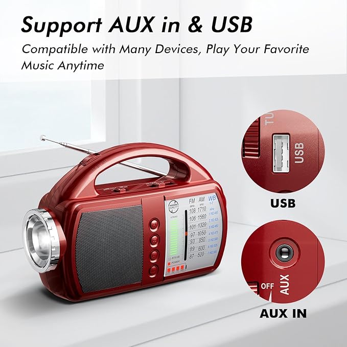 AM/FM/NOAA Weather Radio with Bluetooth Rechargeable Emergency Radio Built-in Rechargeable Battery or 4 AA Battery Operated & AC Power Plug in Wall for Home Camping RED