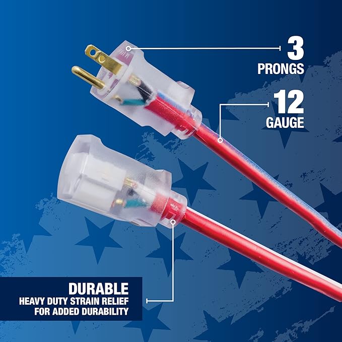 Southwire Heavy Duty Extension Cord, 50Ft, 12 Gauge, 3 Conductor, Outdoor Cord, Lighted End, SJTW, Red/White/Blue, 2548SWUSA1