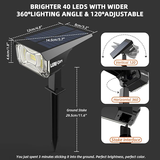 LEREKAM Solar Spot Lights Outdoor,IP65 Waterproof 40 LEDs Landscape Spotlights,USB & Solar Powered Wall Lights,3 Modes Outdoor Solar Garden Lights for Yard Porch 4 Pack