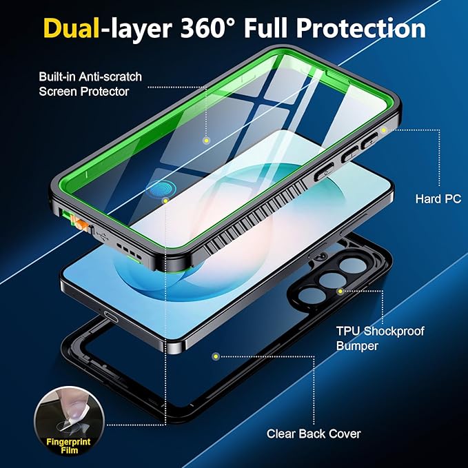 SPIDERCASE for Samsung Galaxy S26 Plus Case, Built-in Lens & Screen Protector Military Shockproof IP68 Underwater Full Body Sealed Phone Case Protection for Samsung Galaxy S26 Plus 6.7",Green/Clear
