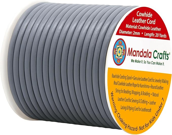 Mandala Crafts Round Genuine Gray Leather Cord for Jewelry Making – 2mm Cowhide Leather Rope String Lace for Kumihimo – 20 Yards Cowhide Craft Cording Spool