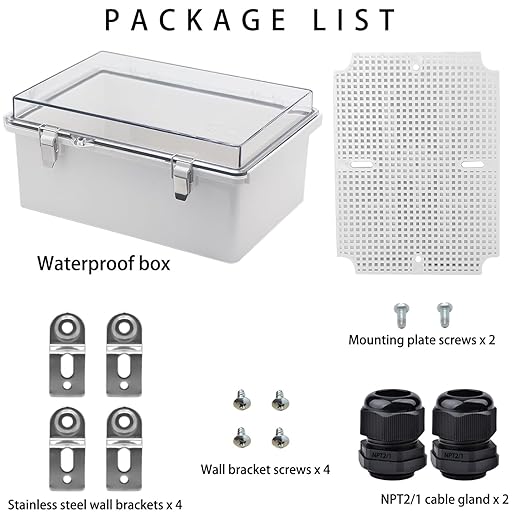 Waterproof Electrical Box with Mounting Plate, IP67 Junction Box Stainless Steel Latch Hinged Clear Cover Project Enclosure with Wall Bracket and 2 Glands 8.3" x 6.3" x 3.9"