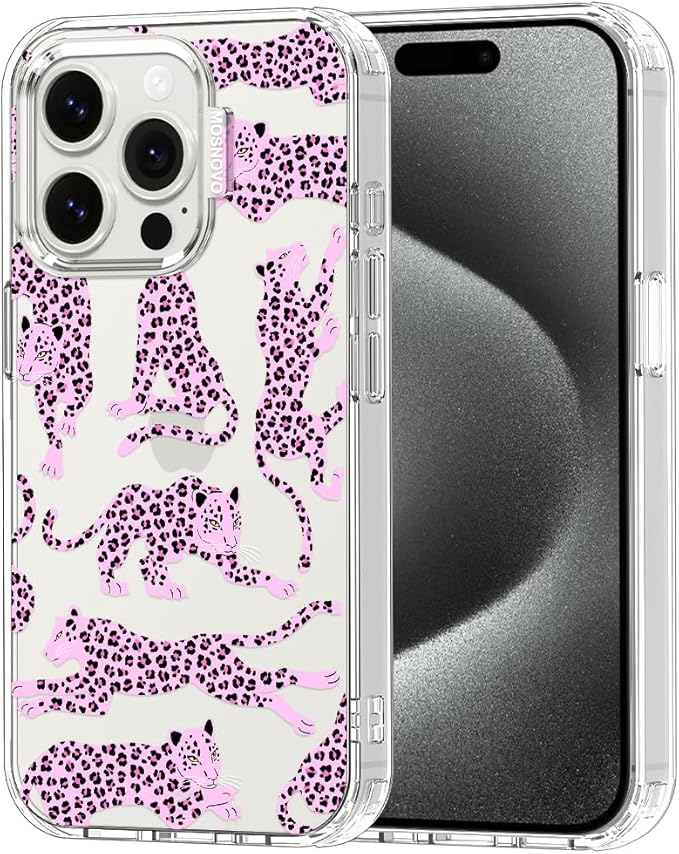 MOSNOVO Case for iPhone 15 Pro, [Buffertech 6.6ft Military-Grade Drop Protection] [Anti Peel Off Tech] Clear TPU Bumper Phone Case Cover Design - Pink Leopard