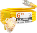6 ft 12 Gauge Heavy Duty 3 Outlet Extension Cord Splitter with Indicator, Waterproof Outdoor Extension Cord with Multiple Outlets, 15A 1875W for Garden, ETL Listed, Flexible Yellow SJTW