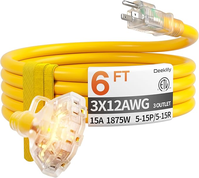 6 ft 12 Gauge Heavy Duty 3 Outlet Extension Cord Splitter with Indicator, Waterproof Outdoor Extension Cord with Multiple Outlets, 15A 1875W for Garden, ETL Listed, Flexible Yellow SJTW