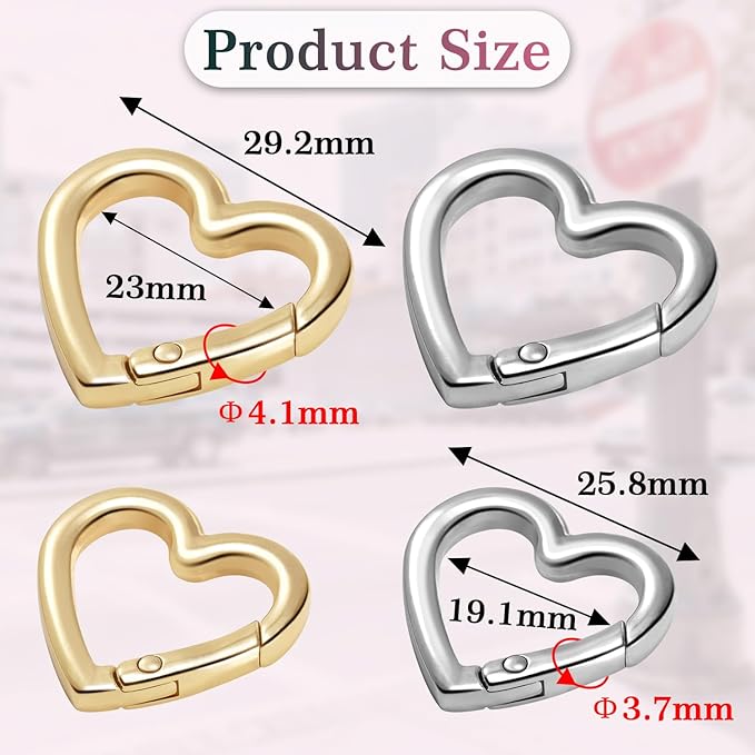 4pcs Heart Carabiner Keychain Clip, Metal Spring Heart Rings Hook Key Ring Carabiner Clips for Purse Bag Charms Backpack Strap Dog Tags Hang Water Bottle Paracord Keychain Lanyard(Silver Gold)