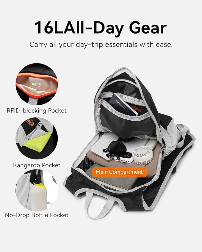 16L Small Hiking Backpack, CROSSGEAR Lightweight Waterproof Foldable Backpack, Travel Camping Outdoor Daypack for Women Men, Black
