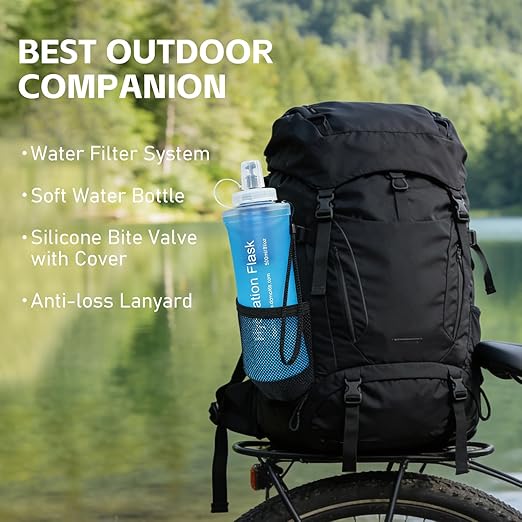 AXEN Collapsible Water Bottle with Filter System, Soft Hydration Flask for Trail Running, Camping, Hiking, Cycling, 1L Blue