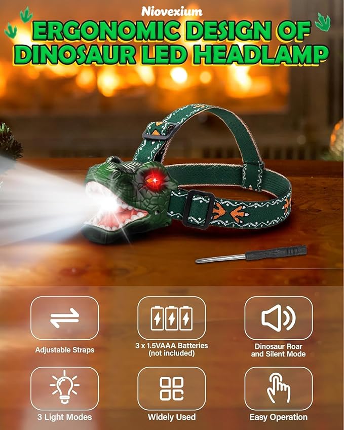LED Dinosaur Headlamp for Kids, Children's Toy Flashlight T-Rex Dinosaur Toys for Age 3 4 5 6 7 8 9 Years Old Kids, Camping Hiking Gear for Boys Girls