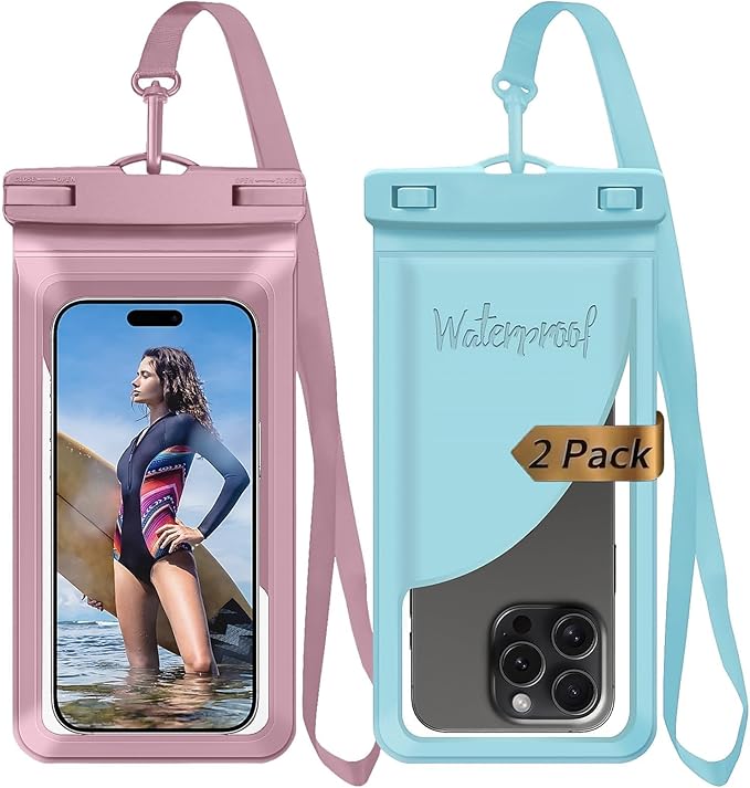 Waterproof Phone Pouch, with Interior Card Pocket, Large Waterproof Phone Case for iPhone 17 16 15 14 Pro Max, IPX8 Lightweight Phone Dry Bag, Beach Cruise Ship Essential,2 Pc-Pink+Blue-8.3″