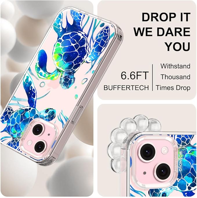 MOSNOVO Case for iPhone 15, [Buffertech 6.6ft Military-Grade Drop Protection] [Anti Peel Off Tech] Clear TPU Bumper Phone Case Cover Design - Sea Turtles
