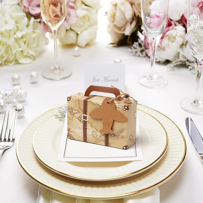 50Pcs Party Favor Candy Box, Vintage Mini Suitcase Favor Box, Kraft Paper with Tags and Burlap Twine for Travel Themed Party, Bridal Shower, Wedding Decorations