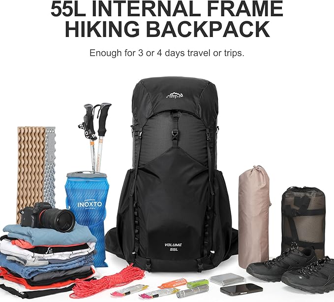 IX INOXTO 55L Internal Frame Waterproof Hiking Camping Backpack with 3L Water Bladder and Rain Cover, Large Lightweight Travel Daypack Rucksack for Climbing (Black)