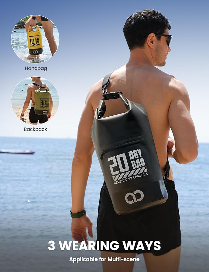 Lamicall Waterproof Dry Bag with Phone Pouch, Floating Roll Top Backpack, 20L, Black