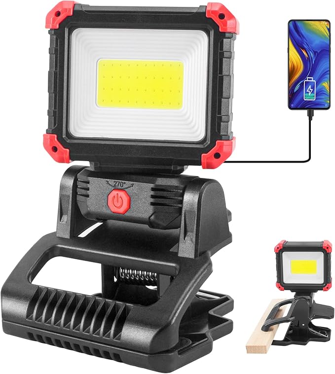 Tresda LED Rechargeable Work Light with Clamp, 2100LM Super Bright COB Magnetic Work Light with 3 Light Modes, 270° & 180° Rotation, Waterproof, Perfect for BBQ, Jobsite, Workshop, Car Repairing