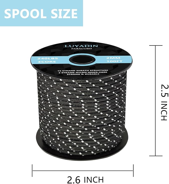 Reflective Paracord 240lb - Diameter 2mm Micro Utility Cord -3 Strand Parachute Spool Cord - 100ft 200ft,Paracord for Camping,Hiking,Fishing,Outdoor and DIY