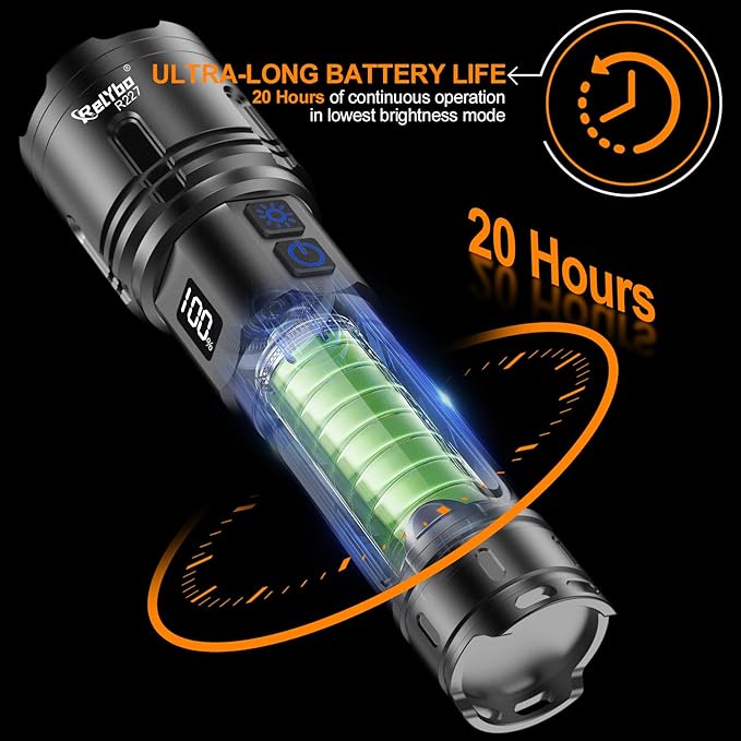 Relybo Rechargeable Flashlights High Lumens, LED Flashlight 100000 Lumens, Super Bright High Powered Flashlights, Long Rang 5000 FT, 2 Switch, Powerful Flashlights for Home Emergency Camping