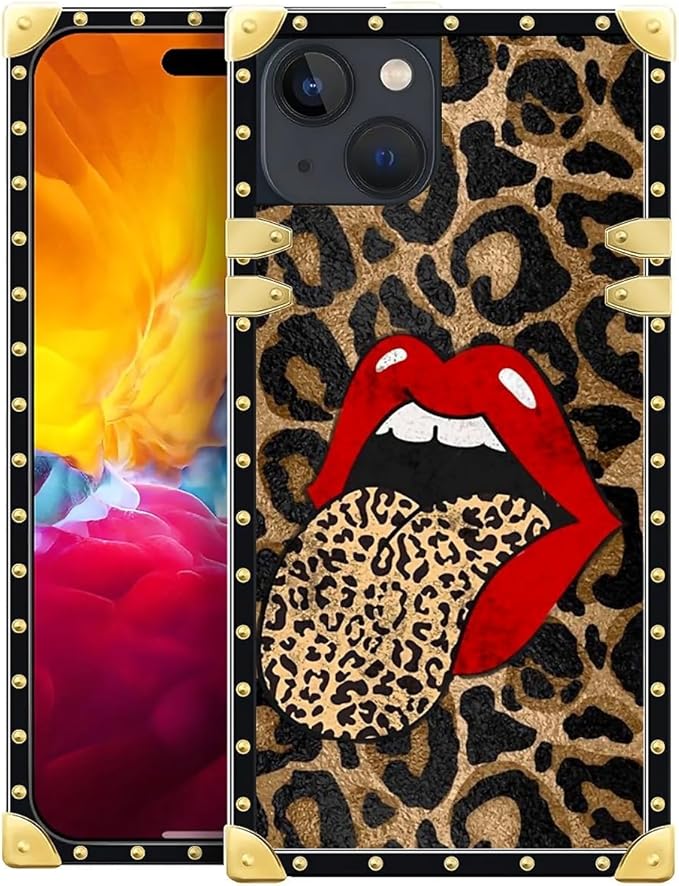 Compatible with iPhone 15 Case, Brown Leopard Print Mouth Luxury Golden Decoration for Girl Women Soft TPU Shockproof Protective Hard PC Back for iPhone 15