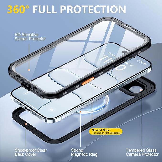 Red2Fire for iPhone Air Case Waterproof, [Built-in Screen Protector & Camera Protector][Compatible with MagSafe][Full Body Shockproof][IP68 Waterproof][Dustproof] Phone Case 6.5" Black/Clear