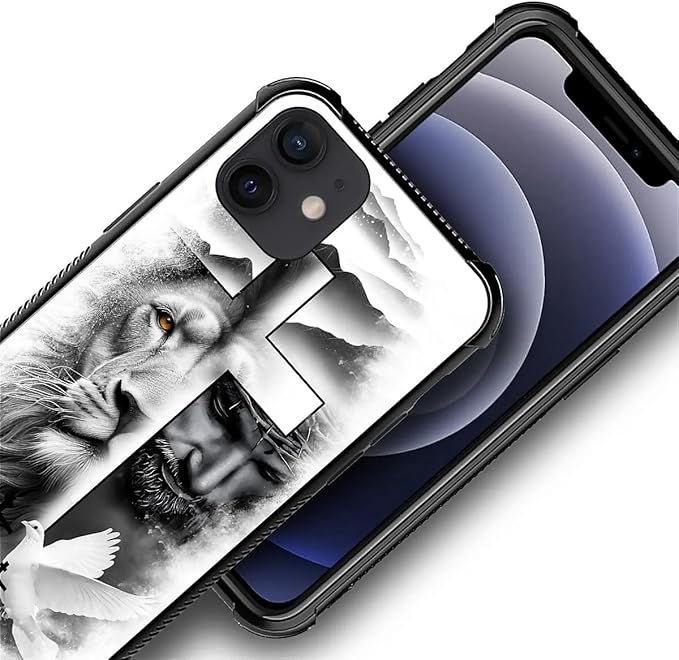 for iPhone 12 Mini Case, Lion Cross Jesus Christ Dove Pattern Made of Soft Silicone Hard Acrylic Shock Protection for iPhone 12 Mini