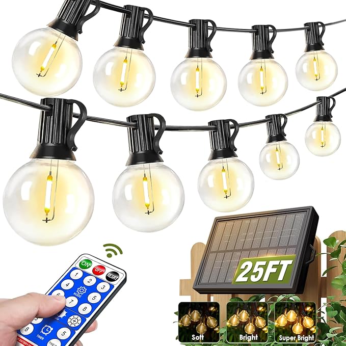 Nisocy 25FT Solar String Lights Outdoor Waterproof with Remote & Timer, LED Shatterproof G40 Bulbs, Solar Powered Patio Lights for Outside Decor, Backyard, Porch, Garden, Wedding