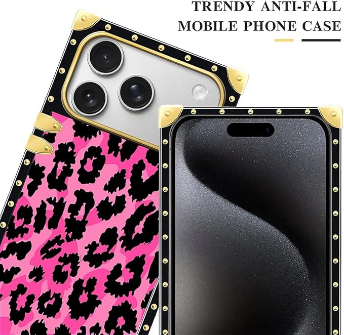 for iPhone 17 Pro Max Case Luxury Golden Decoration for Girl Women Soft TPU Shockproof Protective Hard PC Back for iPhone 17 Pro Max Crazy Pattern Pink Black Leopard
