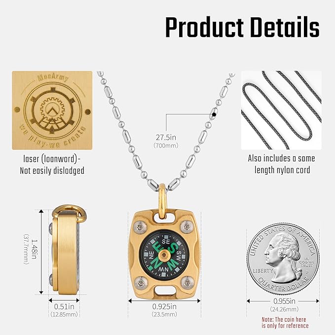 MecArmy Mini Titanium/Brass Compass, Waterproof IPX5 Pocket Compass for Hiking & Survival, Keychain & Necklace Gifts for Men & Women, Ideal Graduation & Outdoor Adventure Present