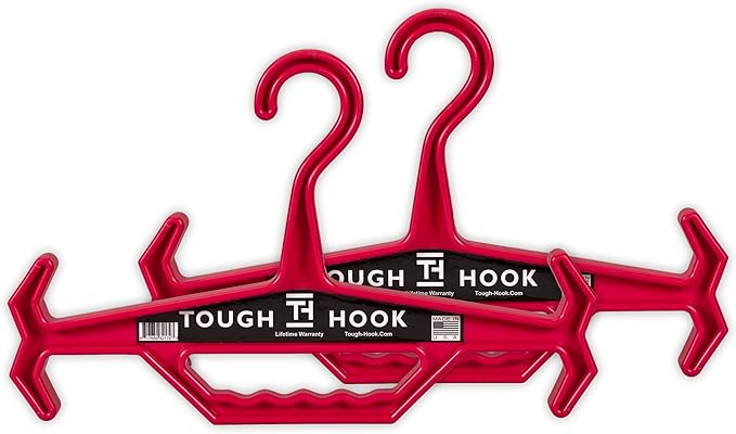 Tough Hook Original Heavy Duty Hangers – The Superhero of Hangers USA-Made, Anti-Slip ABS Resin Tactical Hanger for Police Gear, Scuba Gear & Dive BCD – DuraResin 200-lb Cap Wetsuit Hanger, 2 Red