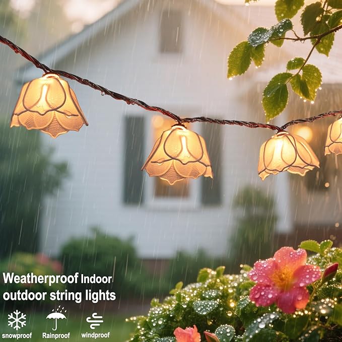 TWINKVILLA Decorative String Lights Plug in with 10 Bulbs, Flower Garland Fairy Lights Connectable Weatherproof Outdoor Indoor for Wedding Garden Pergola Bedroom Porch Floral Home Decor (White)