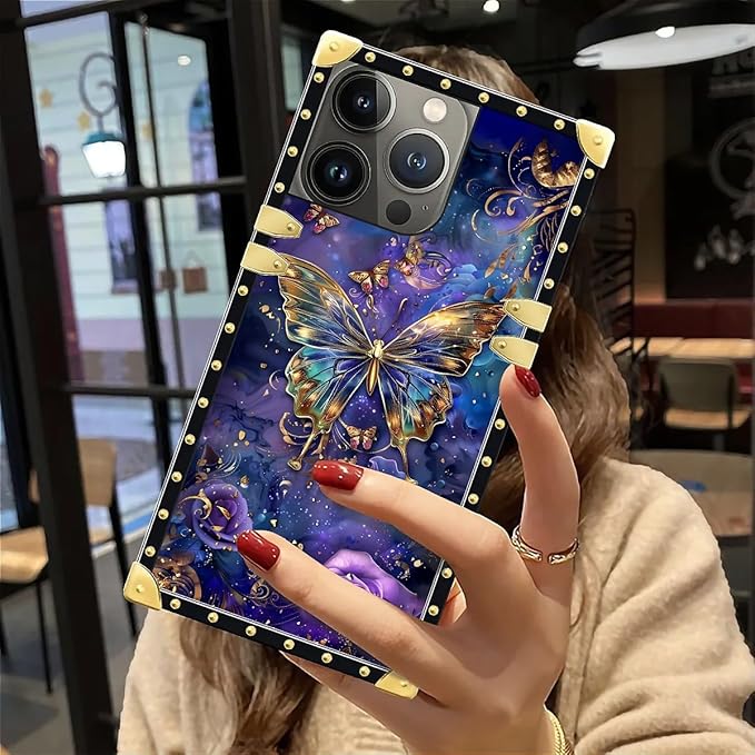 Compatible with iPhone 12 Pro Max Case, Glistening Golden Butterfly Vibrant Purple Blue Luxury Golden Decoration for Girl Women Soft TPU Shockproof Protective Hard PC Back