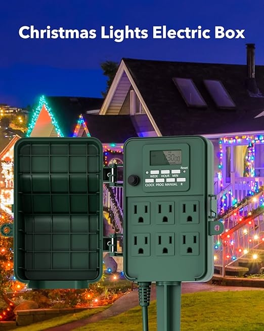 BN-LINK Outdoor Power Stake, 7-Day Programmable Digital Timer, 6 Outlets, 6FT Extension Cord, Waterproof Perfect for Christmas, Halloween, Garden Decorations, ETL Listed