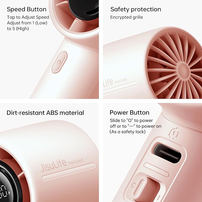 JISULIFE Handheld Turbo Fan Life10s, 5000mAh Rechargeable Portable Fans,Up to 28 Hours Working,5 Speed Strong Wind,Personal Mini Fan for Travel Outdoor Camping Beach Makeup（pink）