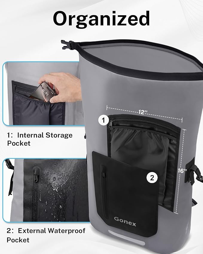 Gonex Ultralight Waterproof TPU Backpack, 35L Roll Top Dry Bag with Comfortable Padded Back Panel for Kayaking Boating Camping Fishing Travel,Grey