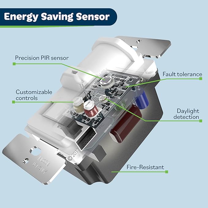 TOPGREENER in-Wall PIR Motion Sensor Light Switch, Motion Sensor Switch, Occupancy Sensor Switch, 4A, 500W, Single Pole, Neutral Wire Required, Wall Plate Included, TSOS5, White, 6 Pack