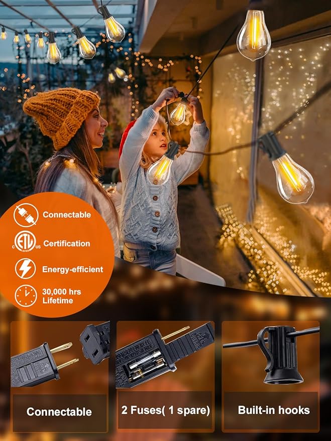 DAMAING Outdoor-String-Lights-Patio-Light-Outside 400FT(4x100FT) Waterproof Patio Lights with 208 Dimmable LED Bulbs,Connectable Shatterproof Outdoor Lighting for Market Backyard,Black Cord